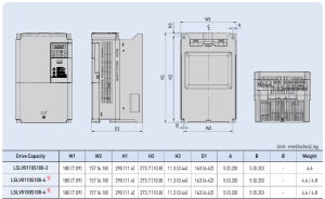 ابعاد اینورتر سه فاز 380V ال اس مدل LSLV0110S100-4EOFNS با توان 11 کیلو وات