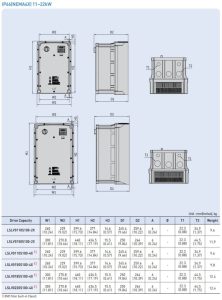 ابعاد اینورتر سه فاز 220V ال اس مدل LSLV0150S100-2EXNNS با توان 15 کیلو وات